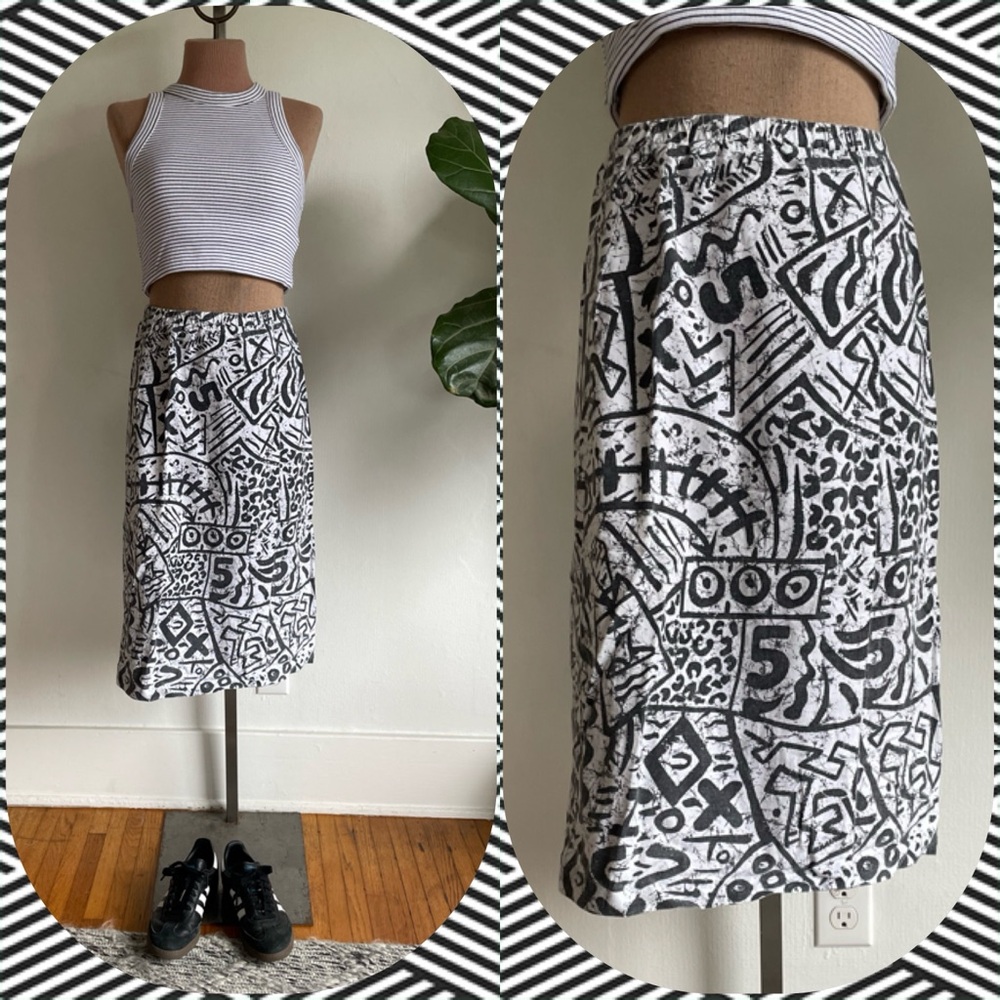 80s Handmade VINTAGE Surf Skate Geo Graffiti Black White Patterned Midi Skirt